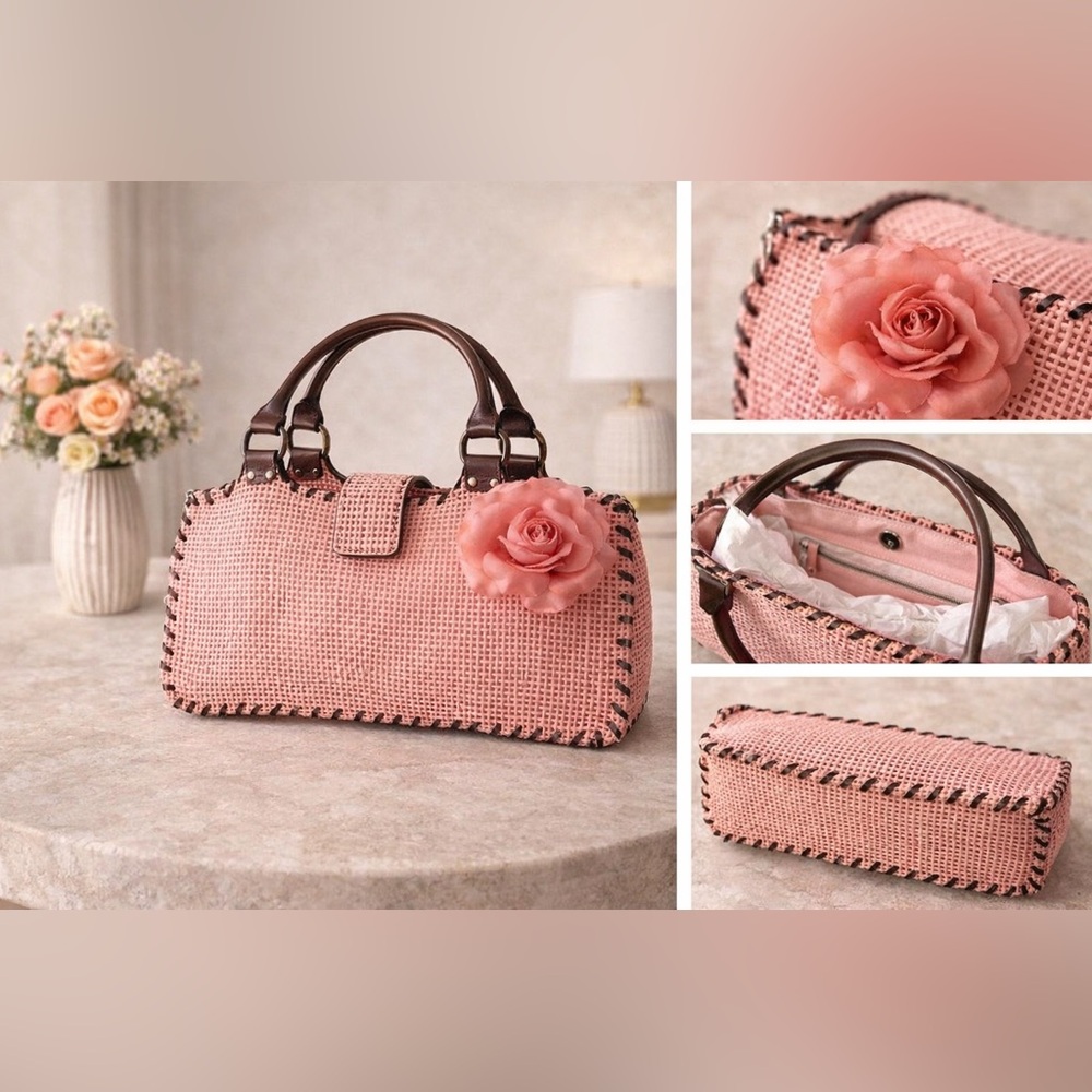 Blush Pink Woven Boutique Handbag Rose Detail Special Occasion Purse 12.5in - Picture 2 of 4